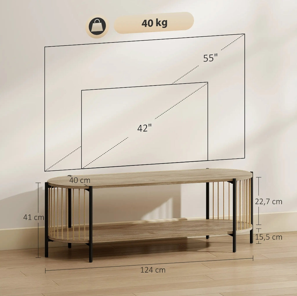 Mueble TV Boho con Estantes Abiertos y Detalles Trenzados para Televisores hasta 55 Pulgadas