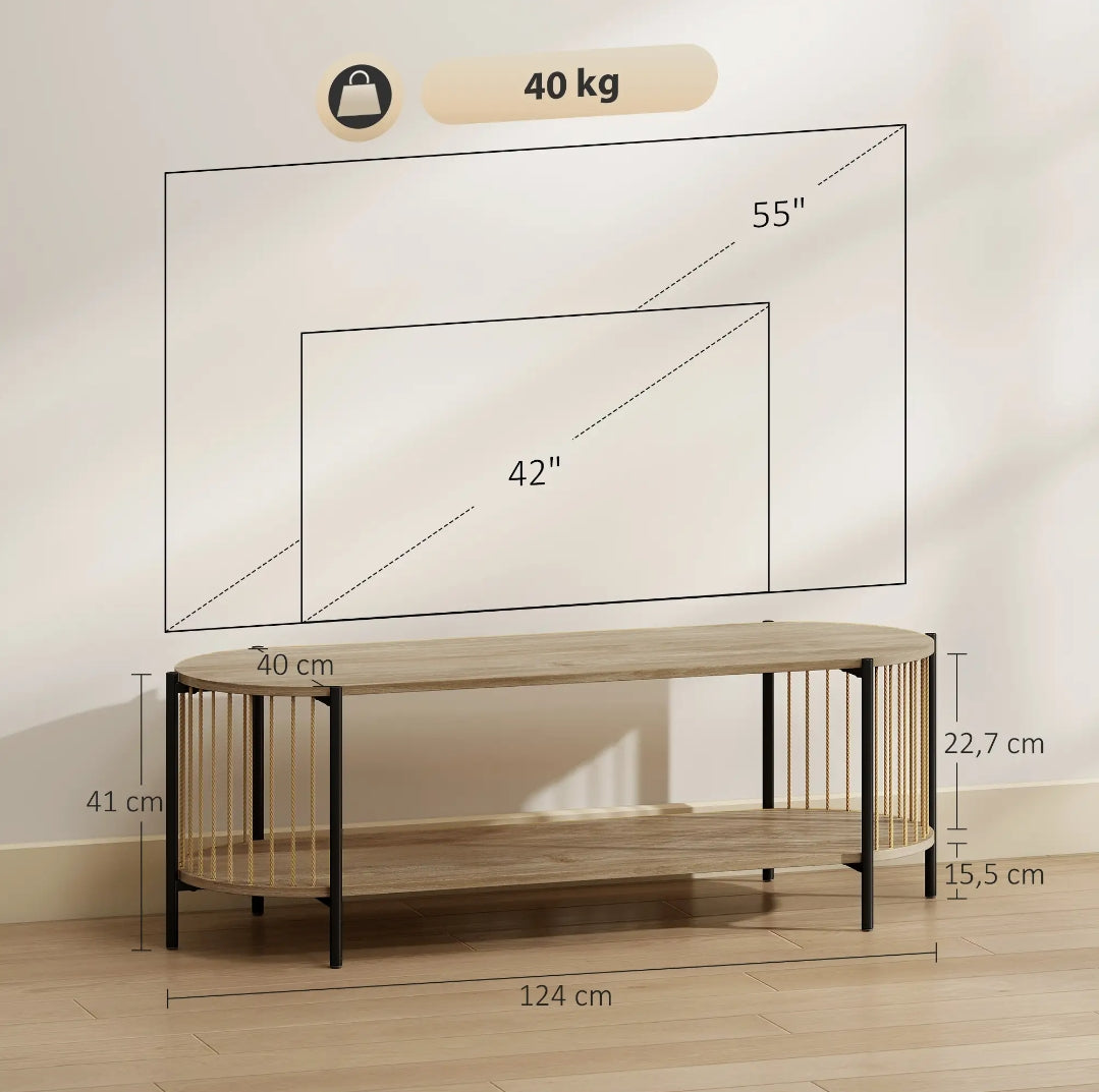 Mueble TV Boho con Estantes Abiertos y Detalles Trenzados para Televisores hasta 55 Pulgadas