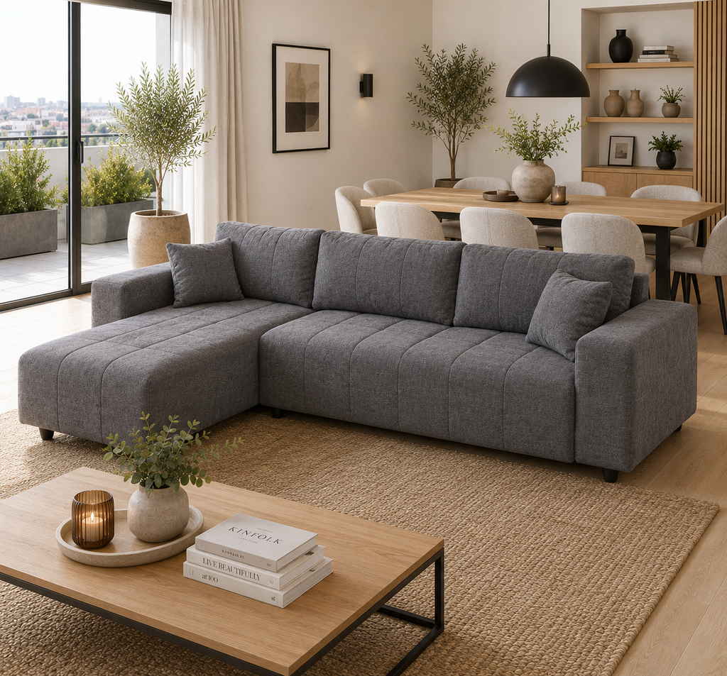 Sofá Chaise Longue Reversible 3 Plazas Beige 242 cm con Muelles Ensacados y 2 Almohadas