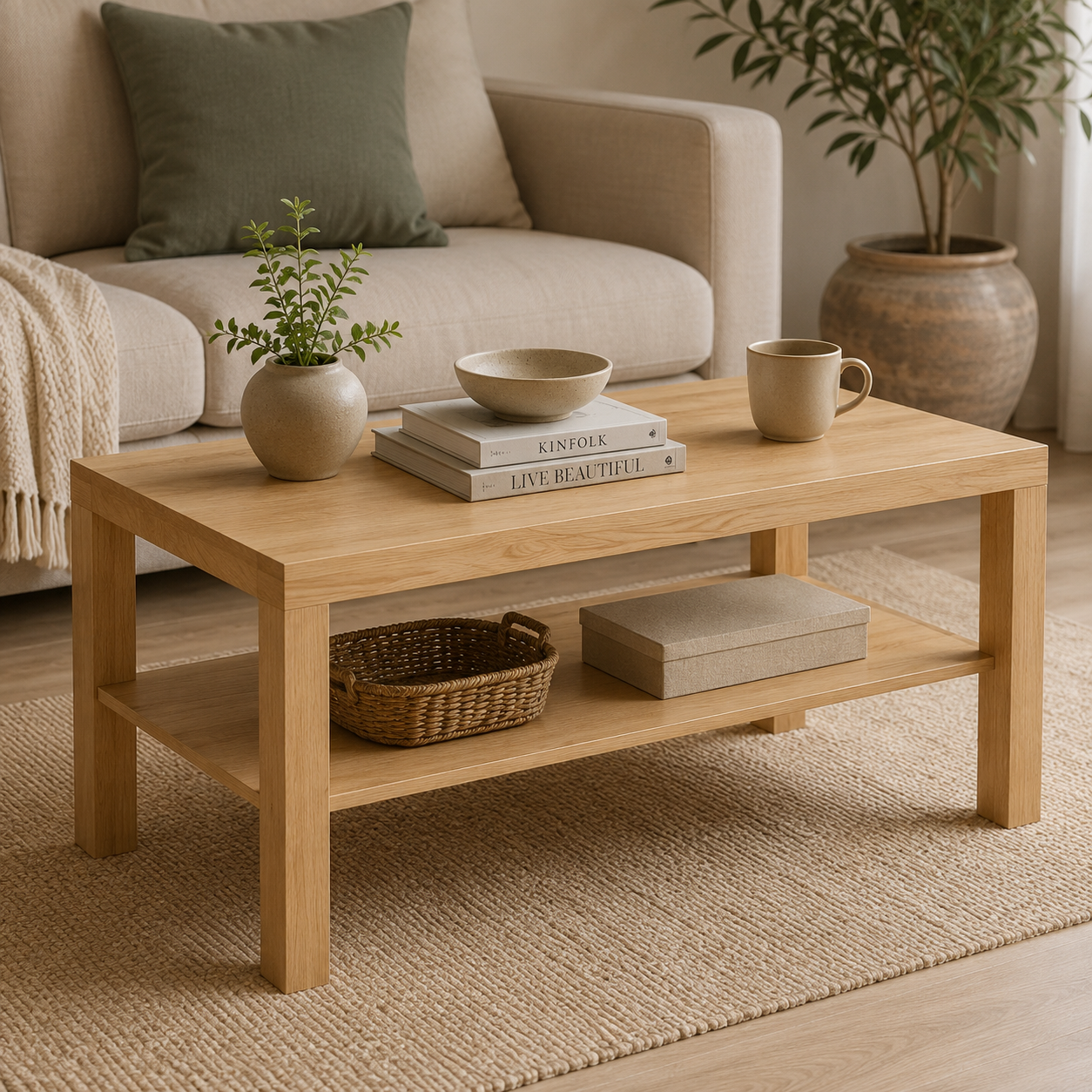 Mesa de Centro Moderna con Estante 90 cm Madera Natural | MooM Decó
