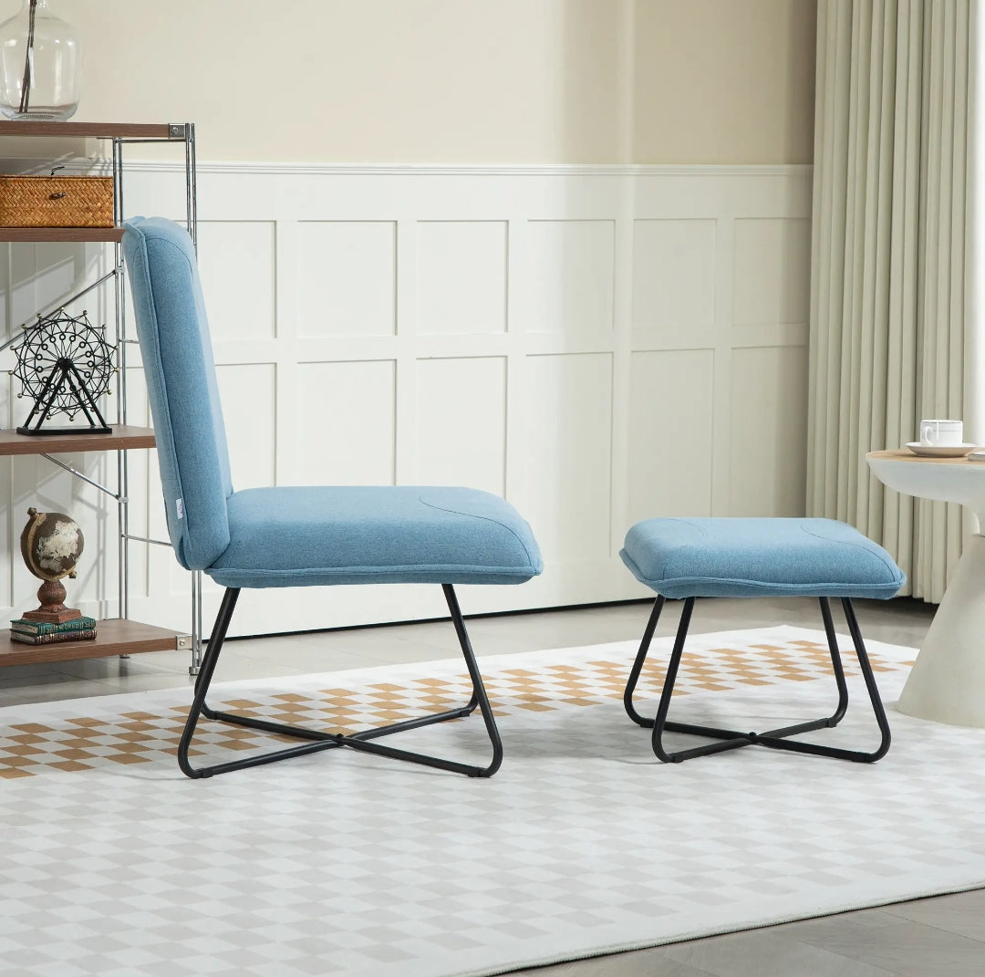 Butaca con Reposapiés Azul Claro | Sillón de Lectura Moderno con Patas de Acero