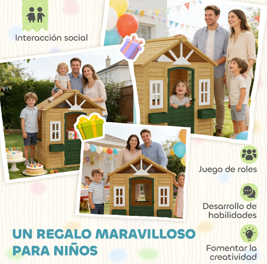 Casita Infantil de Madera para Jardín con Jardineras y Ventanas | 134,5x97x150 cm | MooM Decó