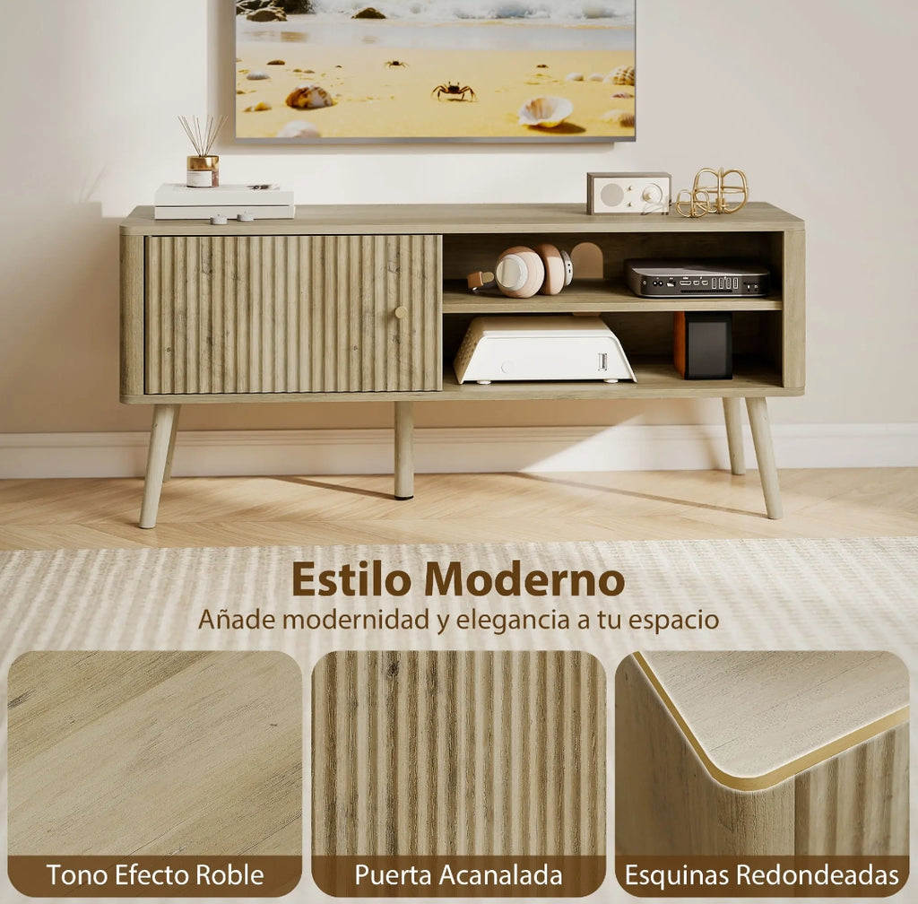 Mueble TV Moderno con Puerta Acanalada y Almacenamiento para Televisores hasta 55 Pulgadas