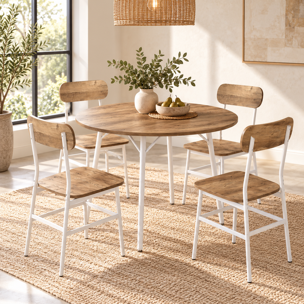 Mesa Redonda con 4 Sillas Ø100 cm Natural y Blanco | MooM Decó