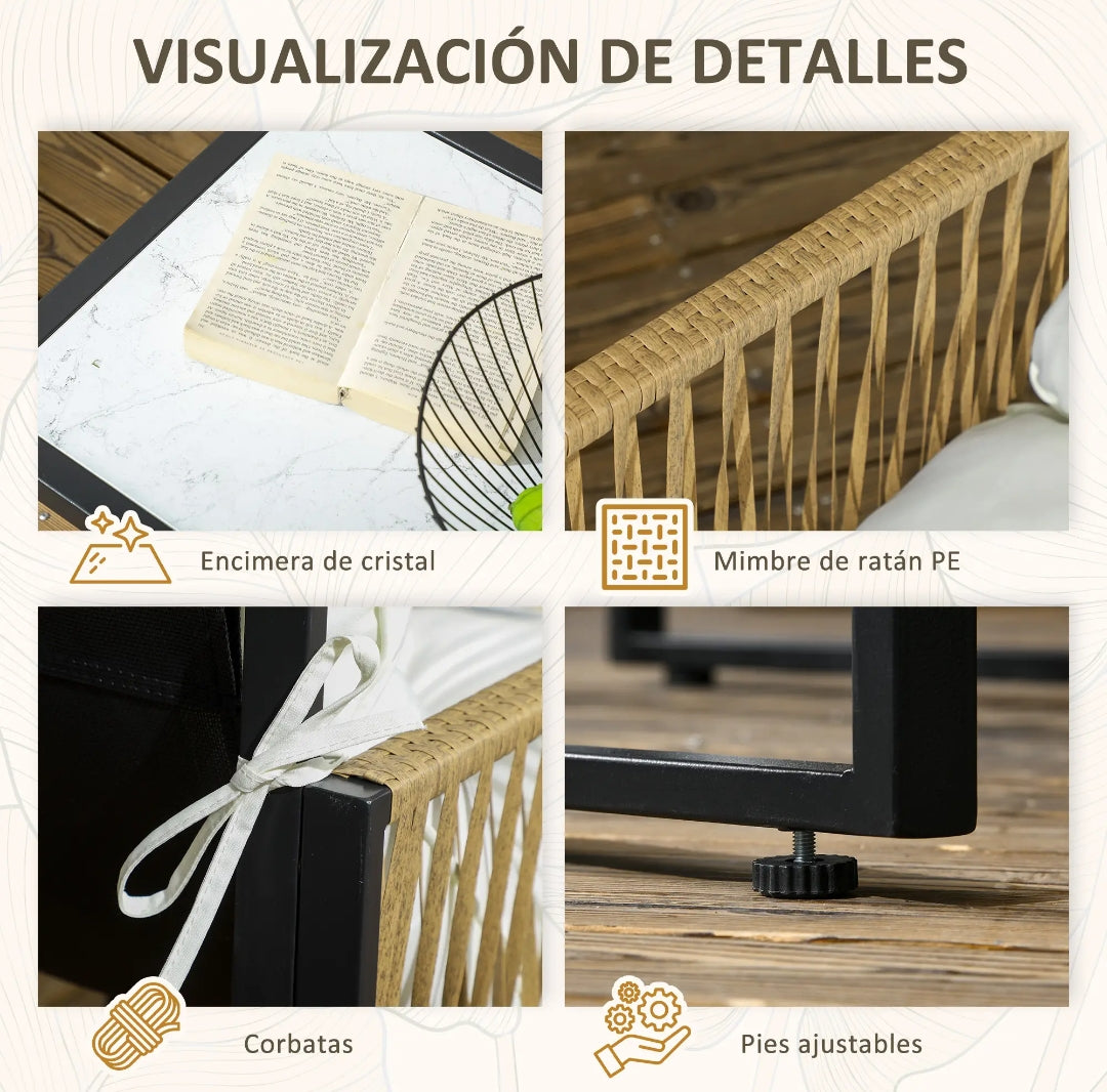 Conjunto de Jardín de Ratán Sintético 4 Piezas con Sofá, 2 Sillones, Mesa de Cristal y Cojines