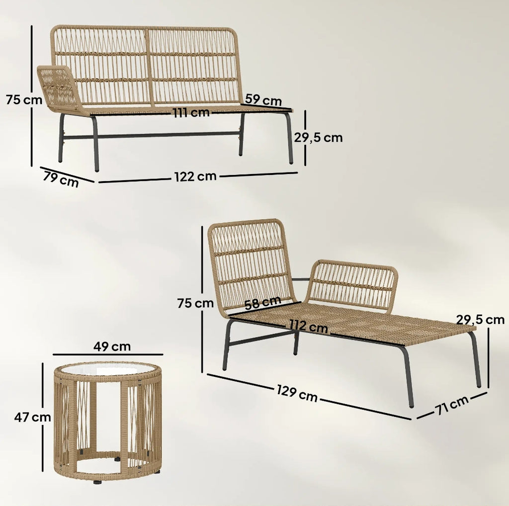 Conjunto de Jardín con Chaise Longue, Sofá 2 Plazas y Mesa Auxiliar de Ratán PE