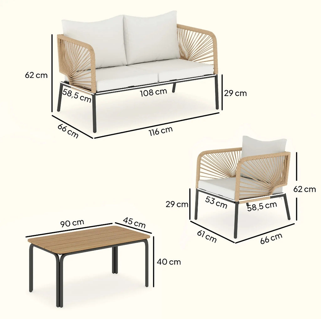 Conjunto de Jardín 4 Piezas con Sofá, 2 Sillones y Mesa Efecto Madera para Exterior