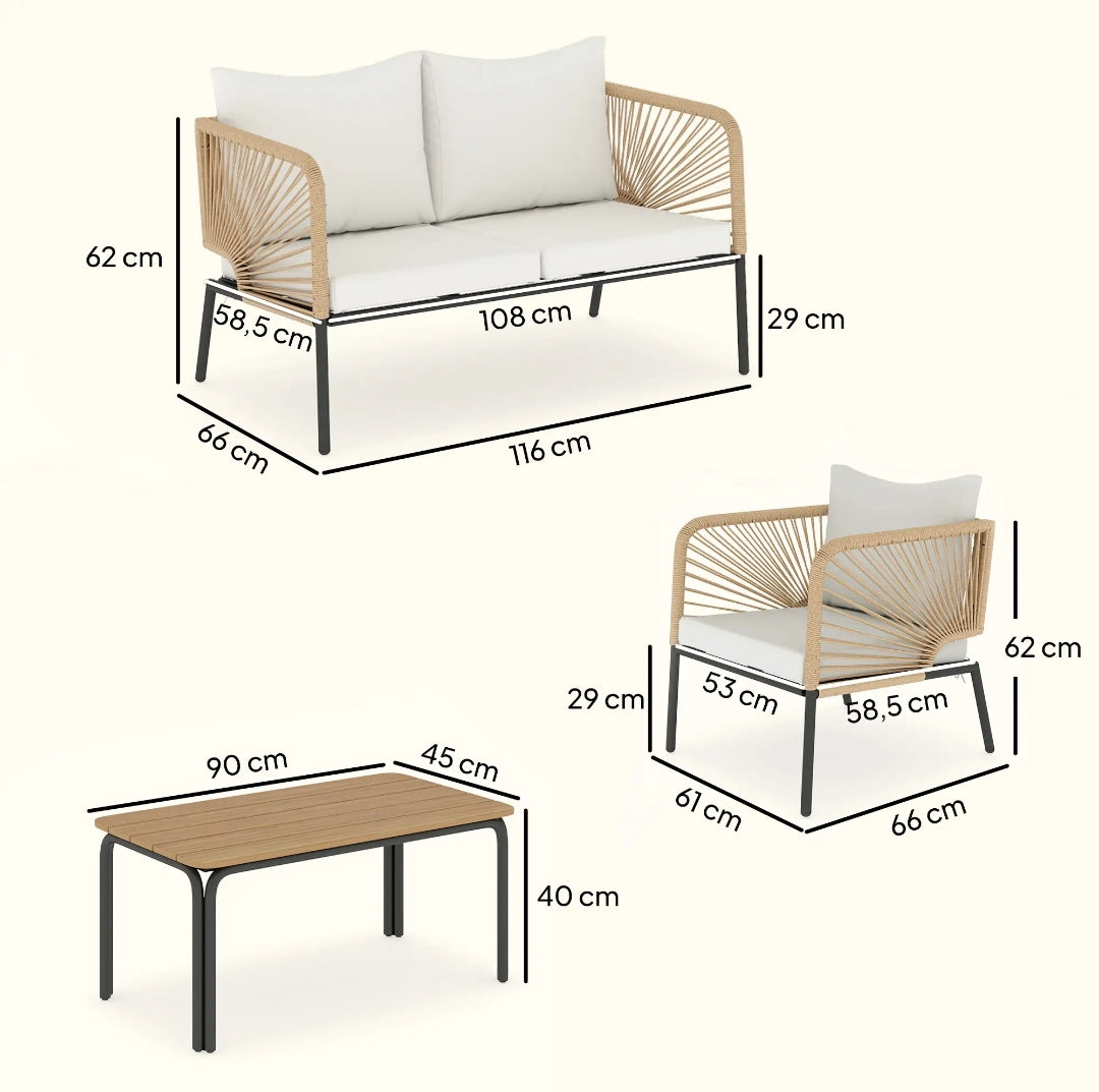 Conjunto de Jardín 4 Piezas con Sofá, 2 Sillones y Mesa Efecto Madera para Exterior