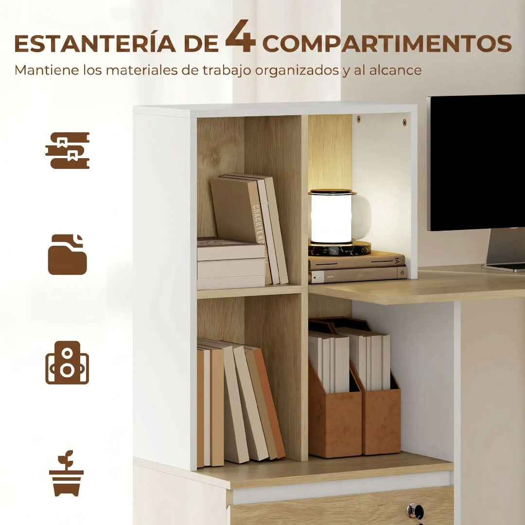 Escritorio con Estantería y Archivador con Cerradura 126 cm | MooM Decó