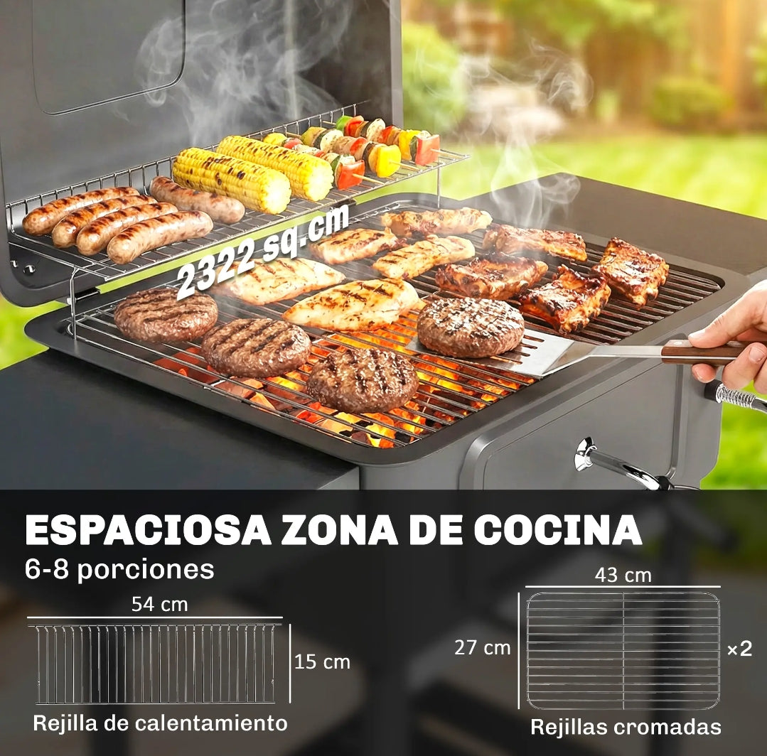 Barbacoa de Carbón con Tapa y Termómetro | Parrilla Regulable | MooM Decó