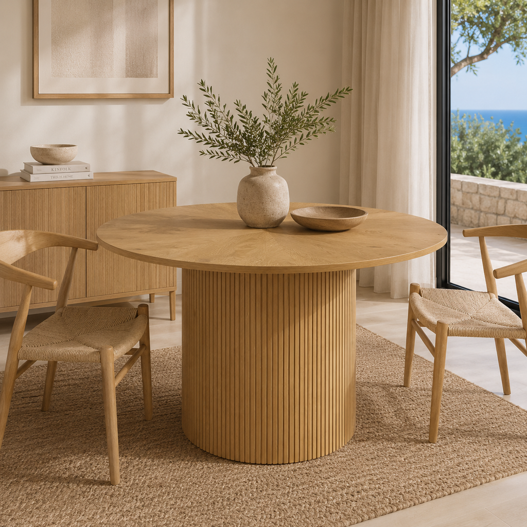 Mesa de Comedor Redonda Ø110 cm Efecto Roble con Pedestal Acanalado para 4-6 Personas | MooM Decó