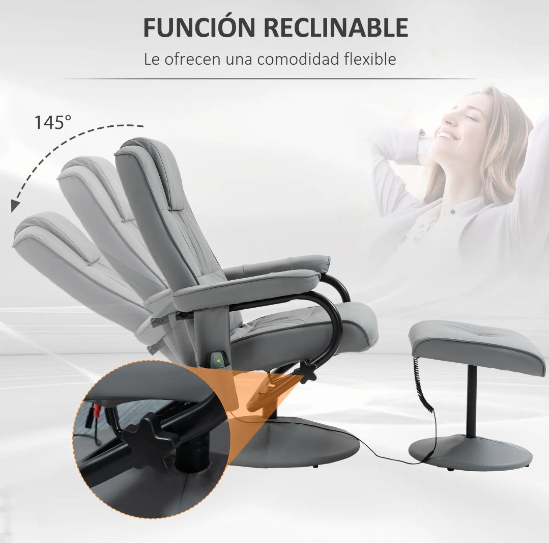 Sillón Relax de Masaje Reclinable Giratorio 360° con Reposapiés Gris | MooM Decó