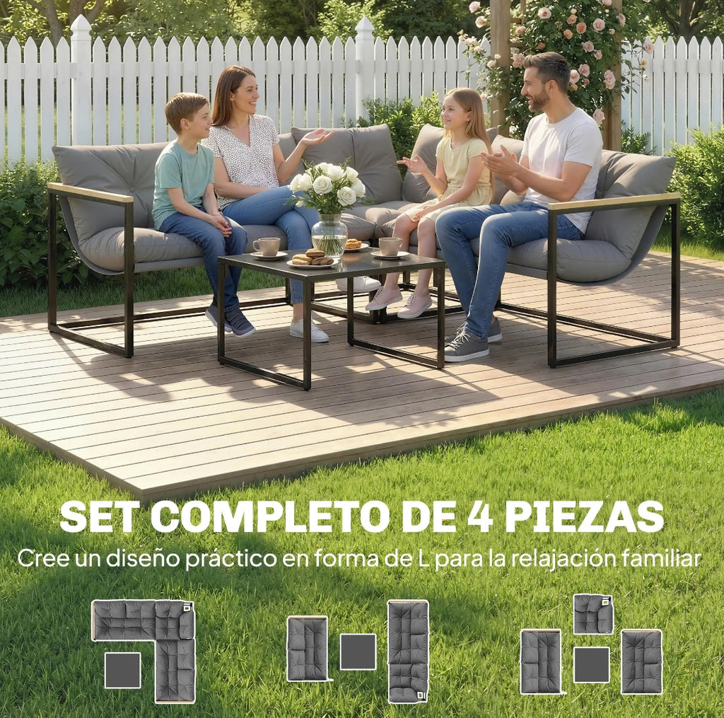 Conjunto de Jardín Esquinero 4 Piezas para 5 Personas con Cojines y Mesa de Cristal Templado