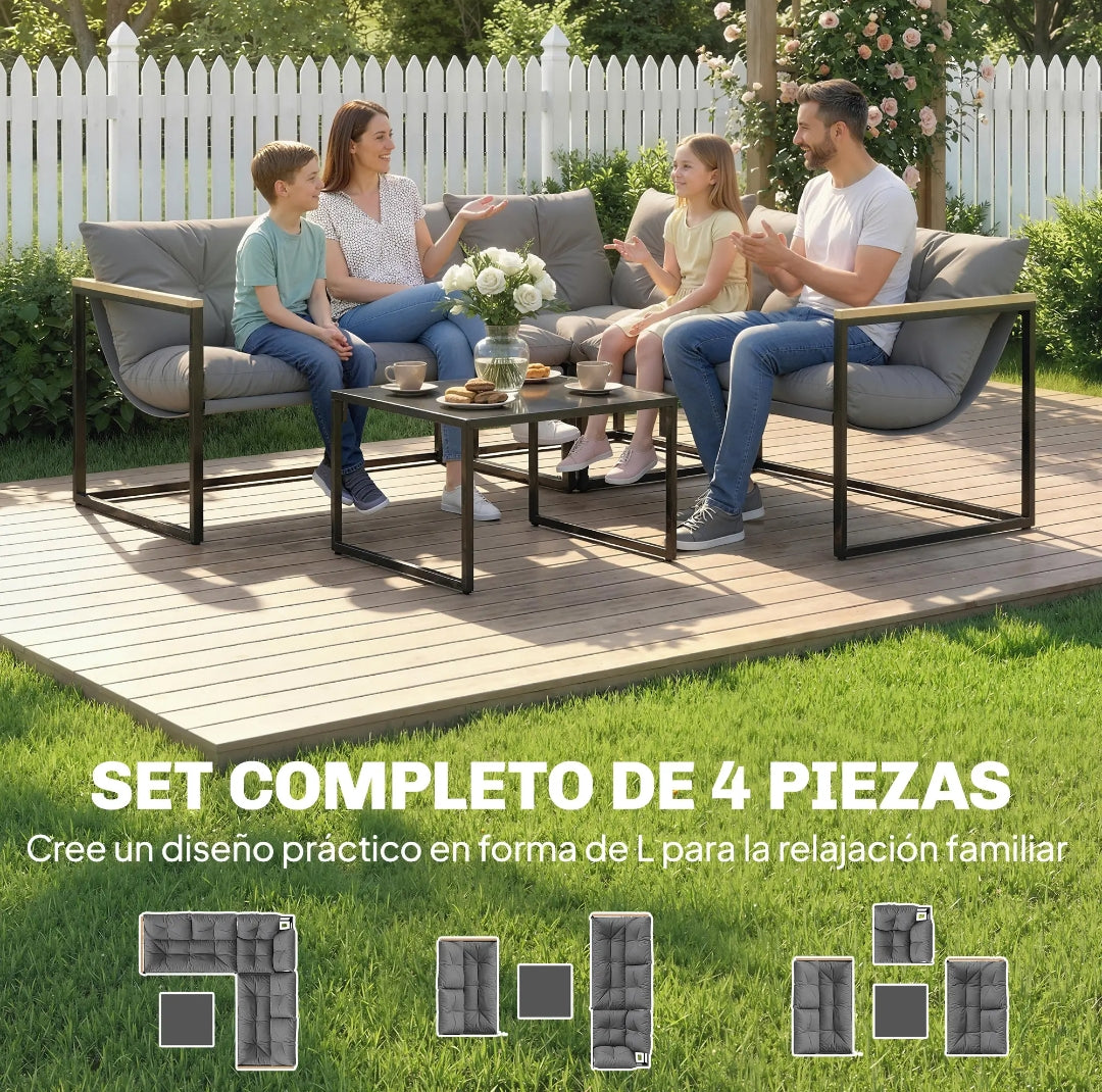Conjunto de Jardín Esquinero 4 Piezas para 5 Personas con Cojines y Mesa de Cristal Templado