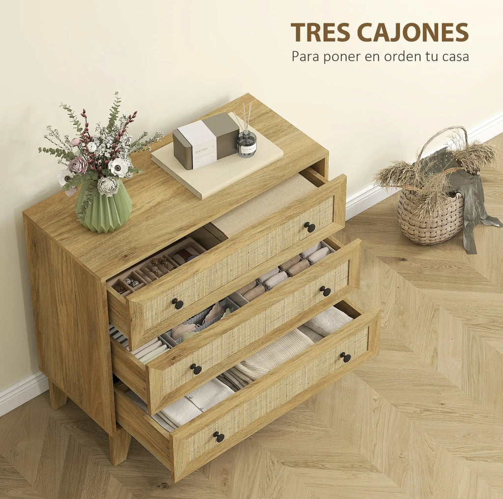 Cómoda de 3 Cajones con Ratán Estilo Cannage 80 cm | Cajonera Boho | MooM Decó
