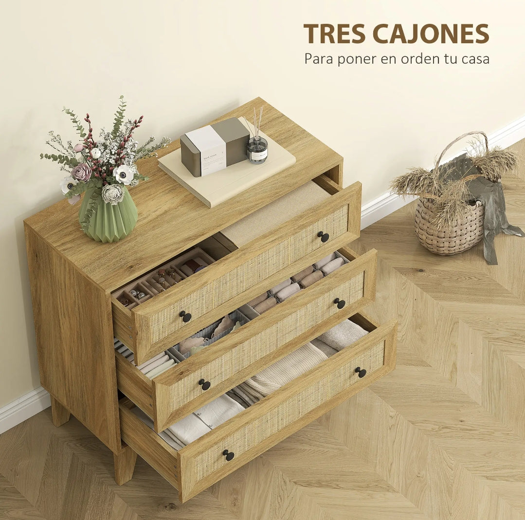 Cómoda de 3 Cajones con Ratán Estilo Cannage 80 cm | Cajonera Boho | MooM Decó