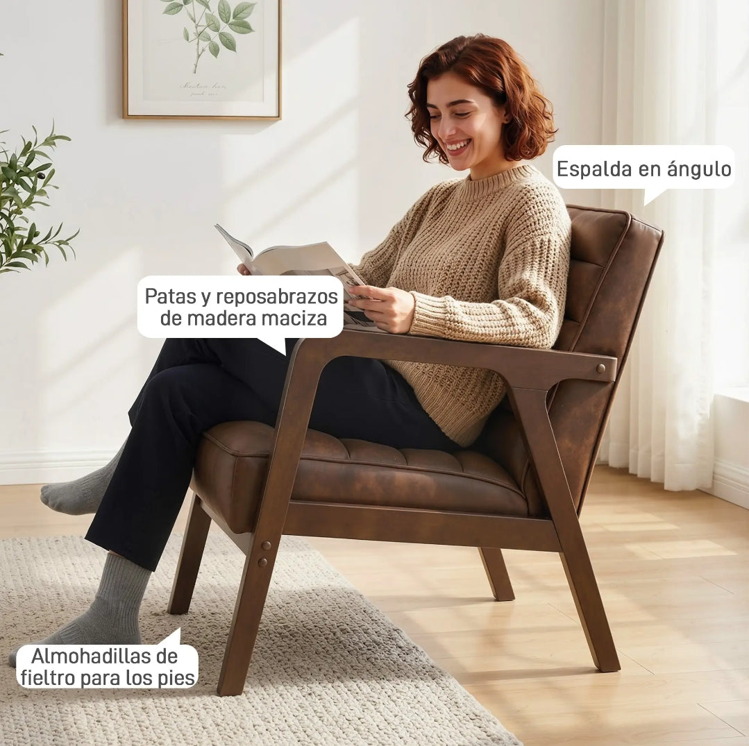 Sillón Vintage Marrón Efecto Cuero y Madera | MooM Decó