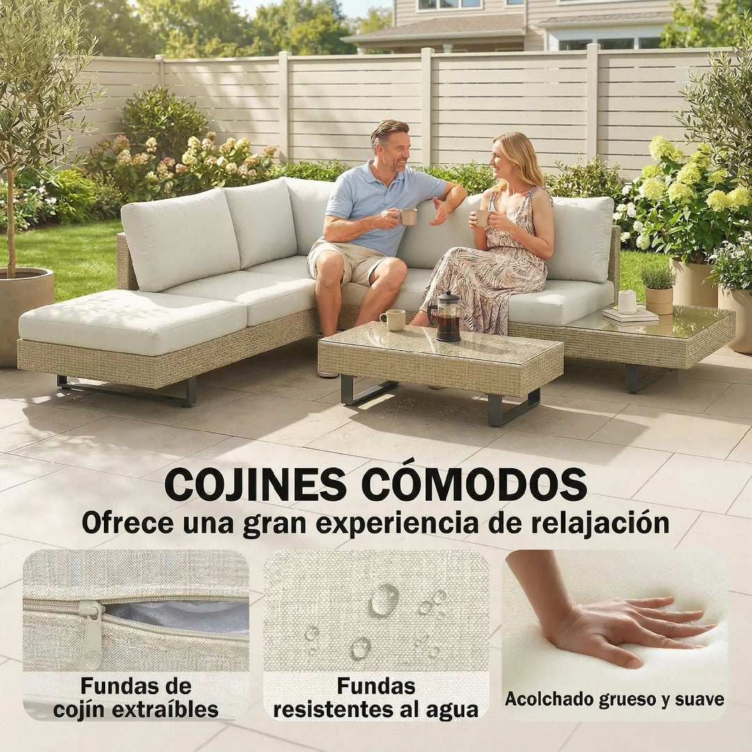 Conjunto de Jardín Modular de Ratán PE para 5 Personas con Sofás, Mesa Lateral Integrada y Mesa de Centro