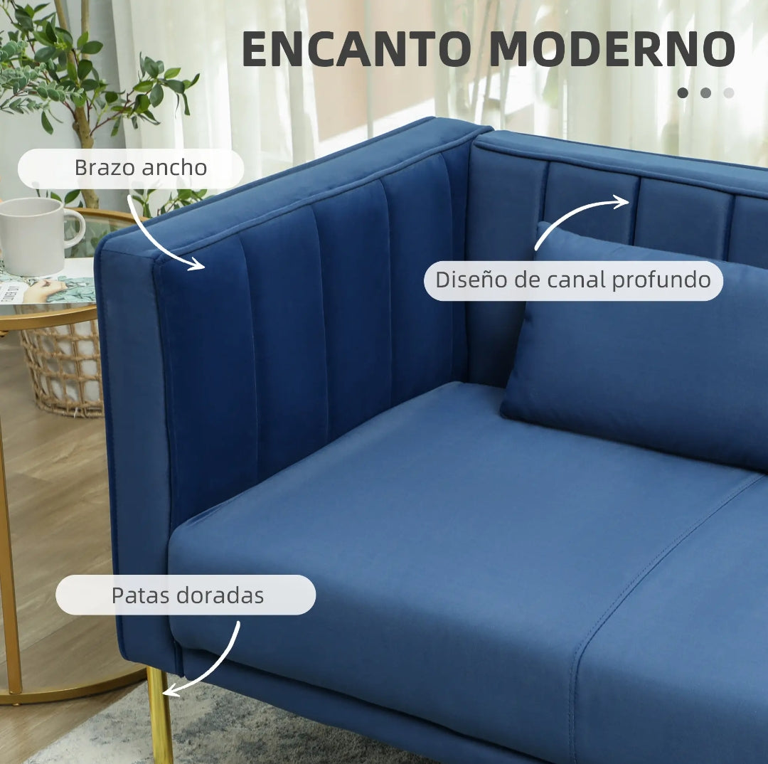 Sofá de 3 Plazas Terciopelo Azul Marino con Patas Doradas | MooM Decó