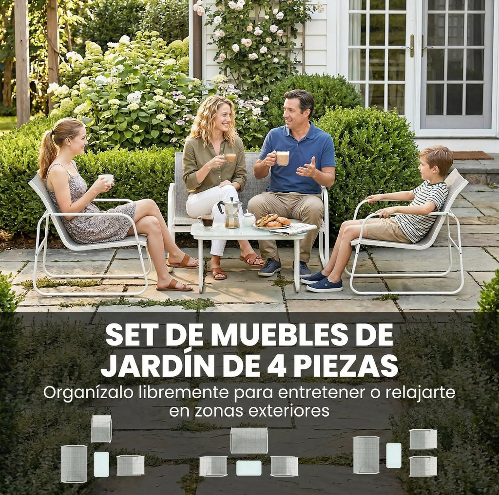 Conjunto de Jardín Exterior 4 Piezas con Sofá, 2 Sillones y Mesa | MooM Decó