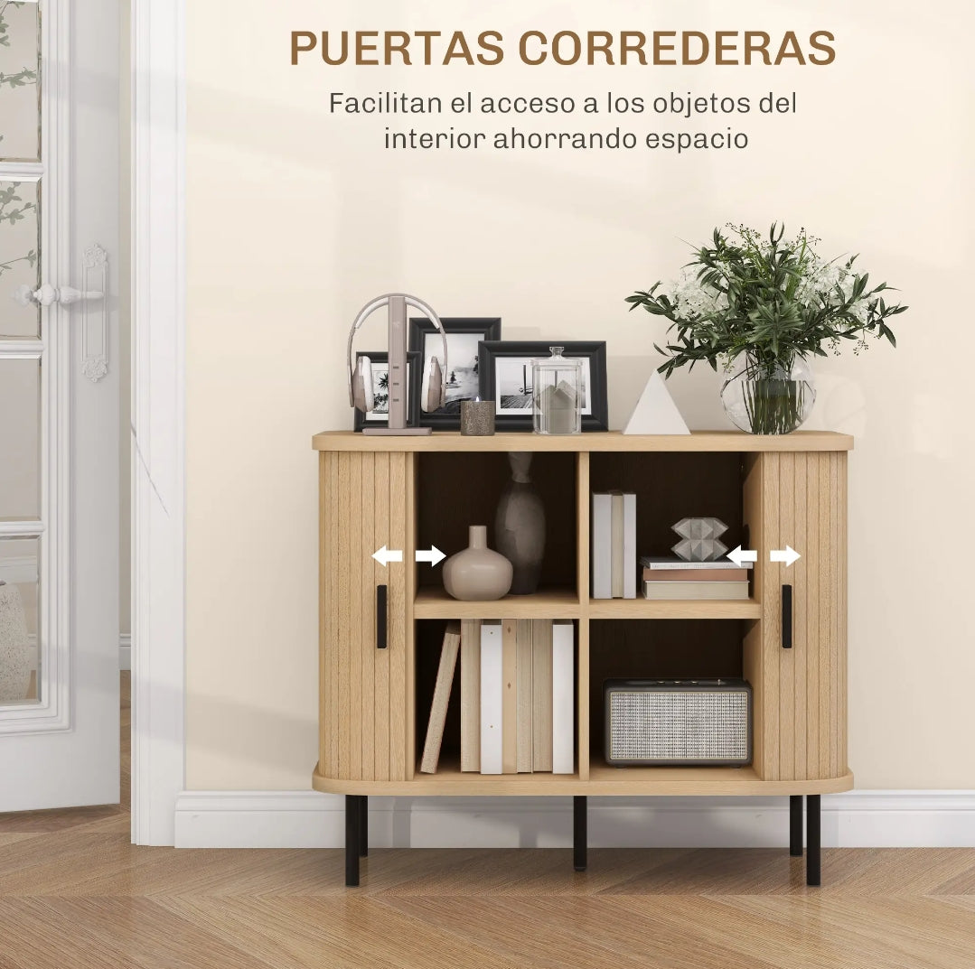 Aparador Vintage Roble y Negro con Puertas Correderas de Tambor 90 cm