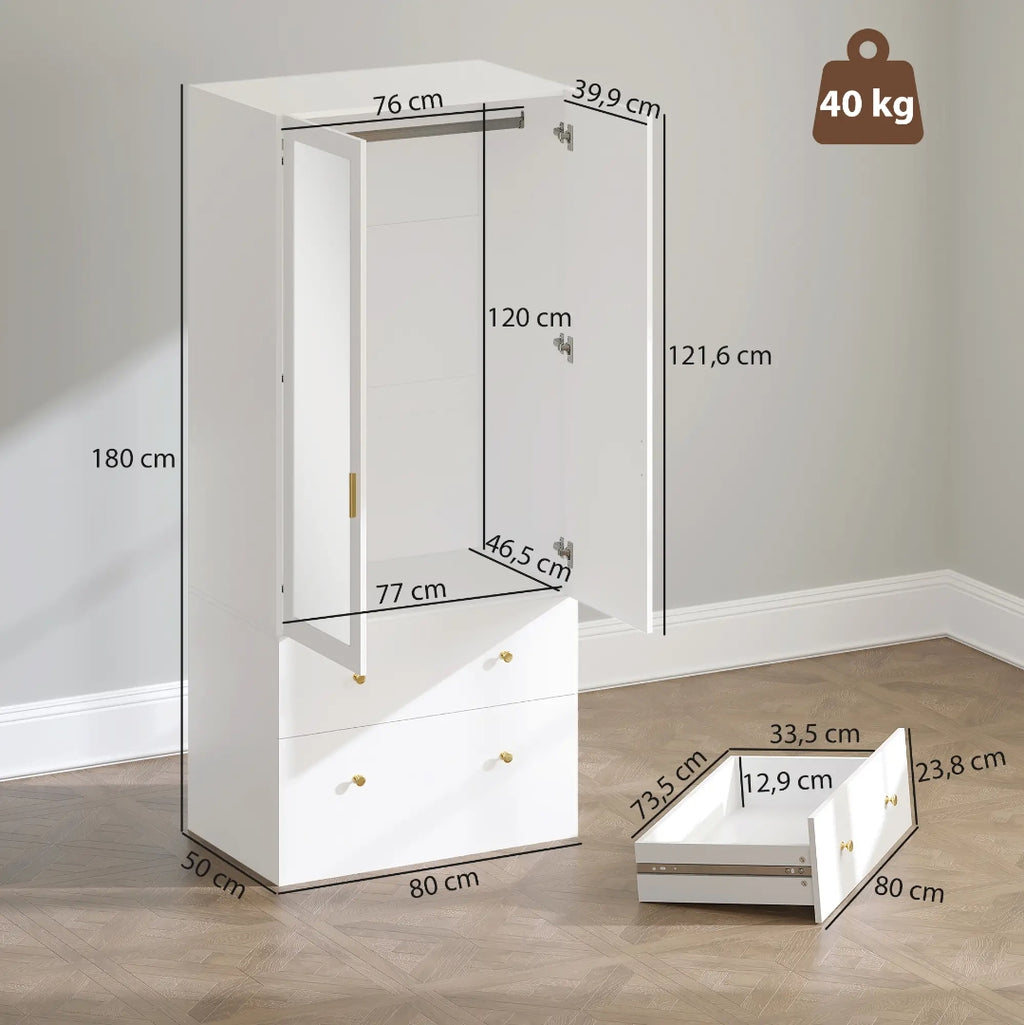 Armario Dormitorio Blanco con Espejo y 2 Cajones | Ropero 80x50x180 cm | MooM Decó