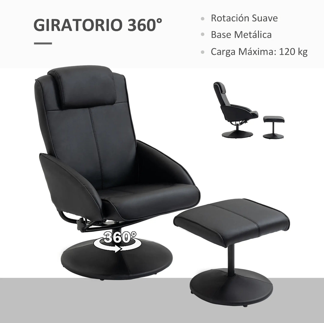 Sillón Relax Reclinable Giratorio 360° con Reposapiés Negro | MooM Decó