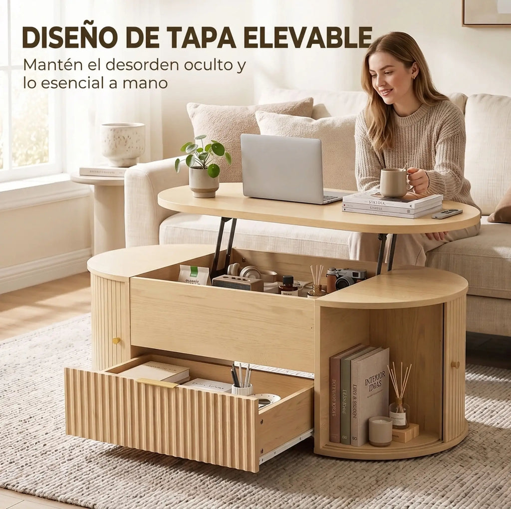 Mesa de Centro Elevable Roble 100 cm con Almacenaje | MooM Decó