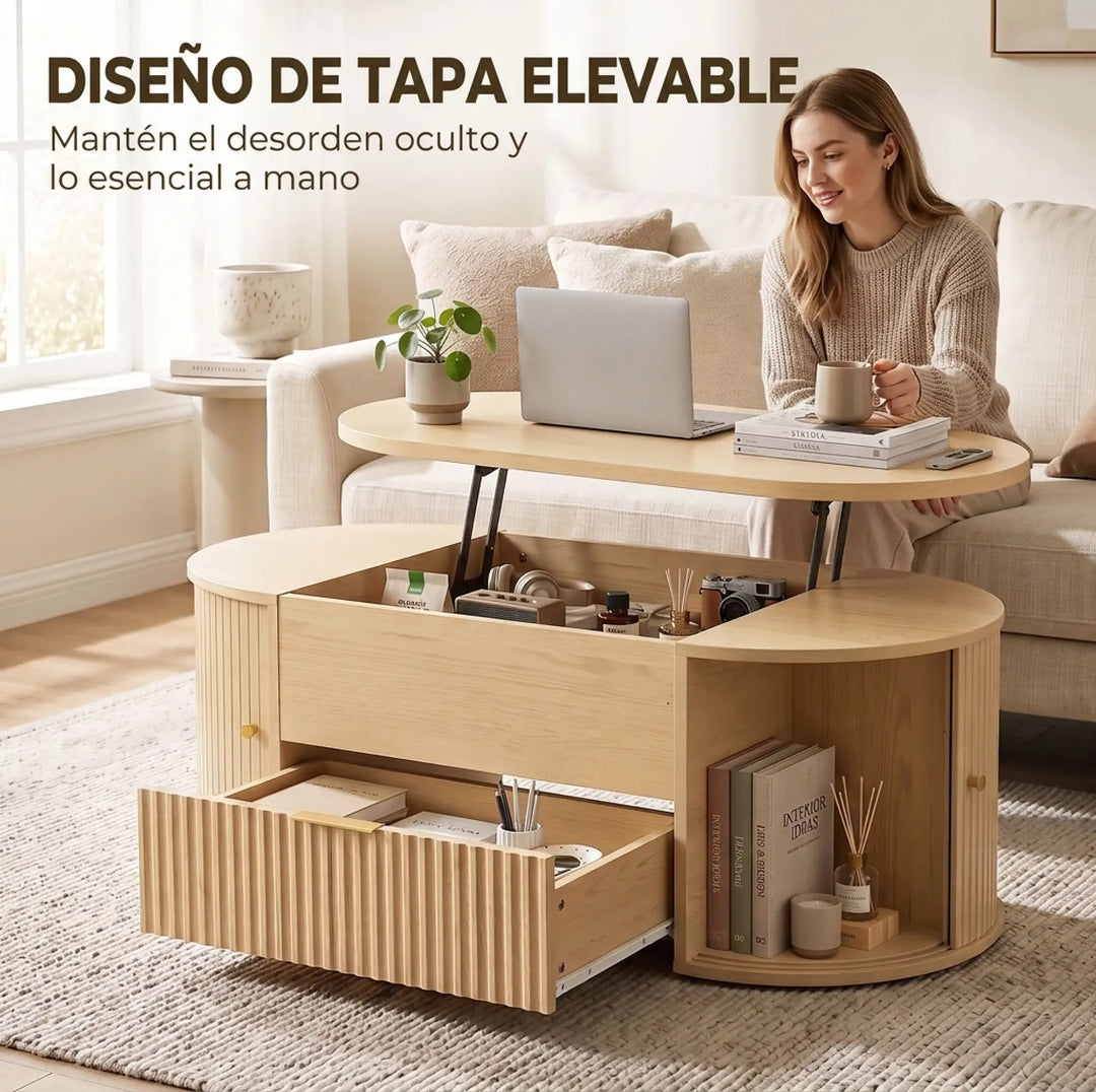 Mesa de Centro Elevable Roble 100 cm con Almacenaje | MooM Decó