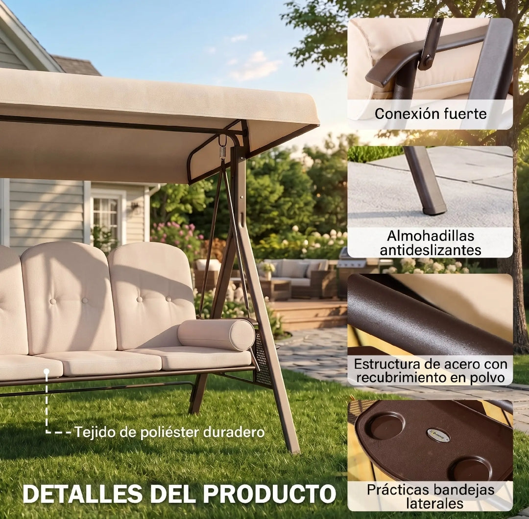 Balancín de Jardín 3 Plazas con Toldo, Cojines y Bandejas Laterales Beige