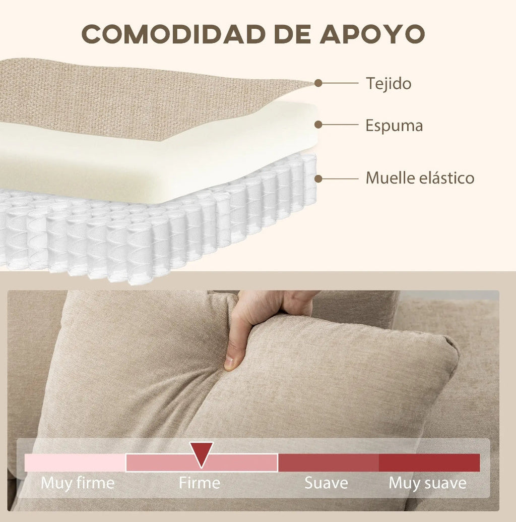Sofá Chaise Longue Reversible 3 Plazas Beige 242 cm con Muelles Ensacados y 2 Almohadas