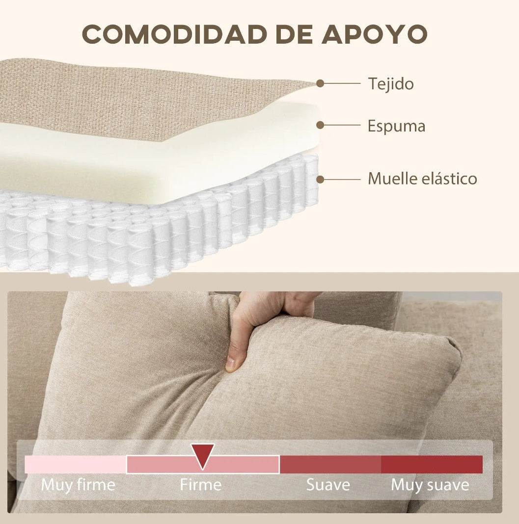 Sofá Chaise Longue Reversible 3 Plazas Beige 242 cm con Muelles Ensacados y 2 Almohadas