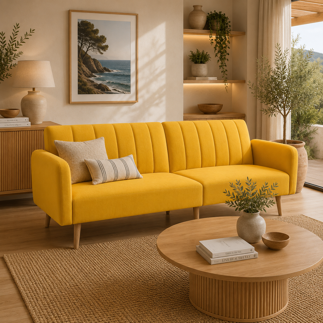 Sofá Cama Convertible de 3 Plazas con Respaldos Reclinables múltiposición y Patas de Madera Estilo Nórdico