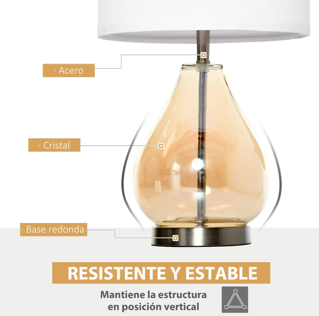 Pack 2 Lámparas de Mesa Cristal Ámbar y Lino Blanco | MooM Decó