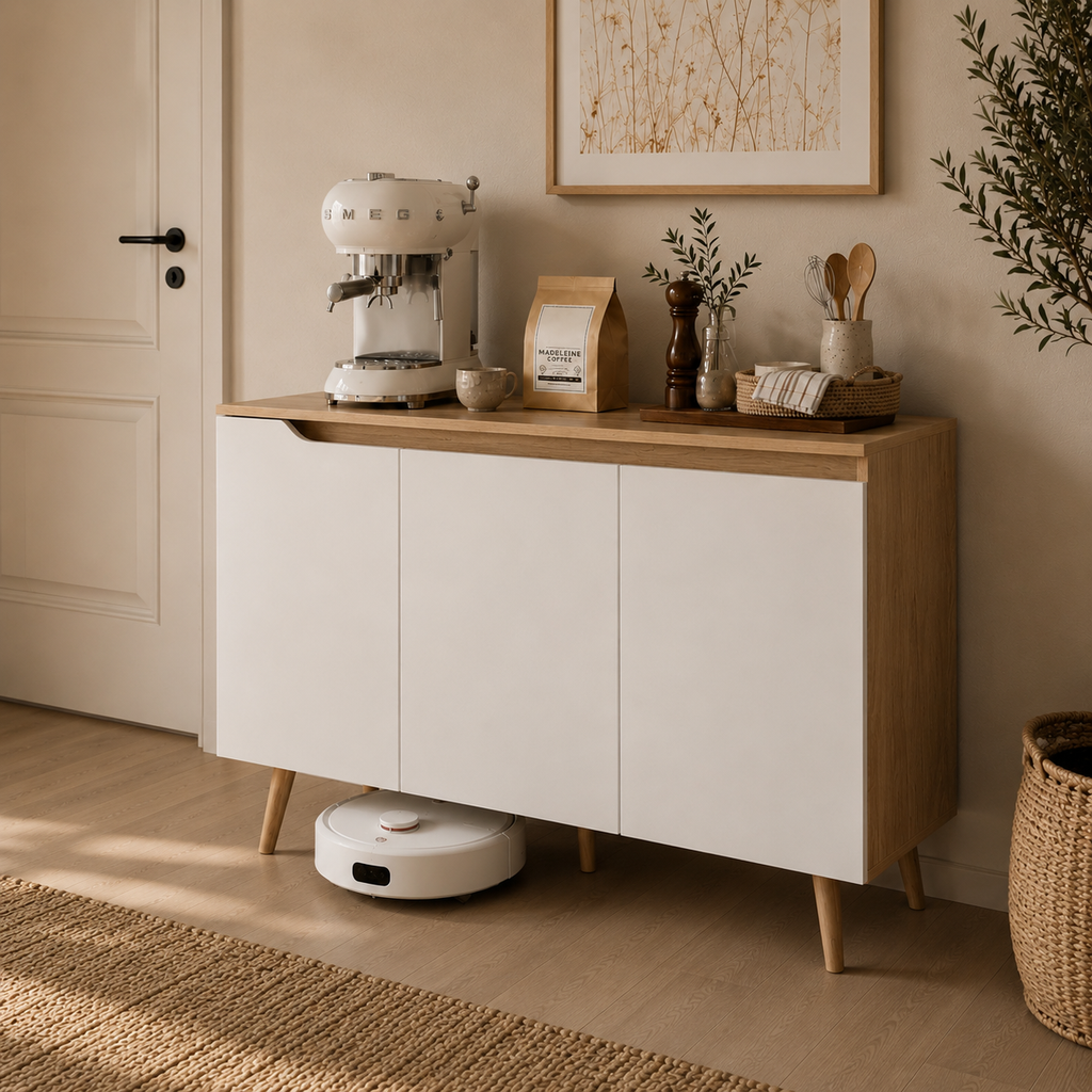 Aparador Nórdico Blanco y Roble con 3 Puertas y Estantes Ajustables para Salón y Comedor