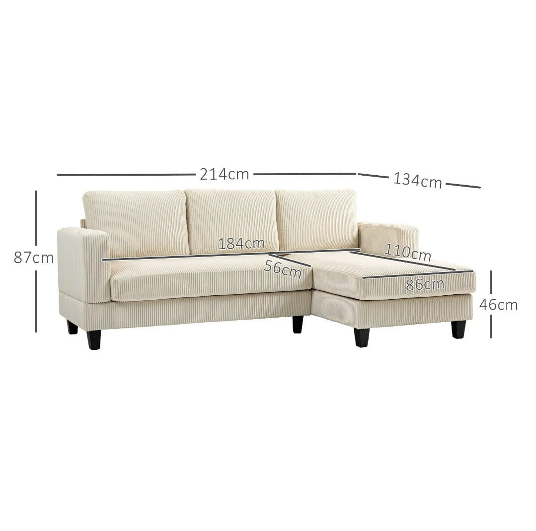 Sofá Chaise Longue de 3 Plazas en Pana Beige 214 cm | MooM Decó