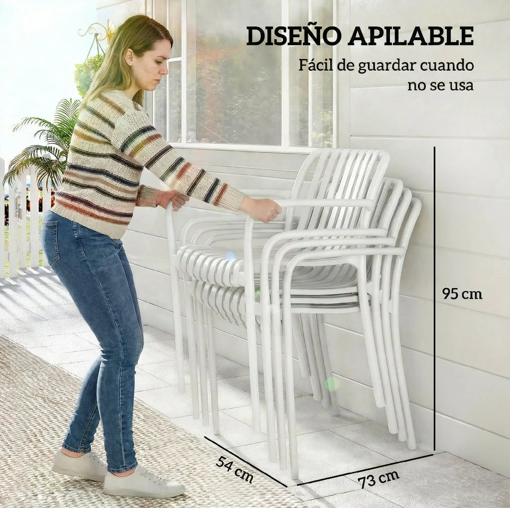 Juego de 4 Sillas de Jardín Apilables de PP Blancas | Sillas de Exterior Resistentes | MooM Decó