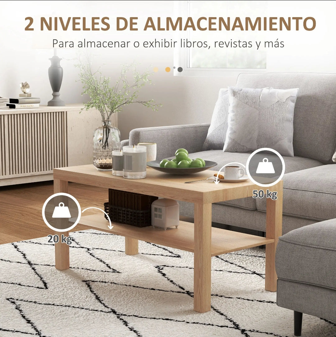 Mesa de Centro Moderna con Estante 90 cm Madera Natural | MooM Decó