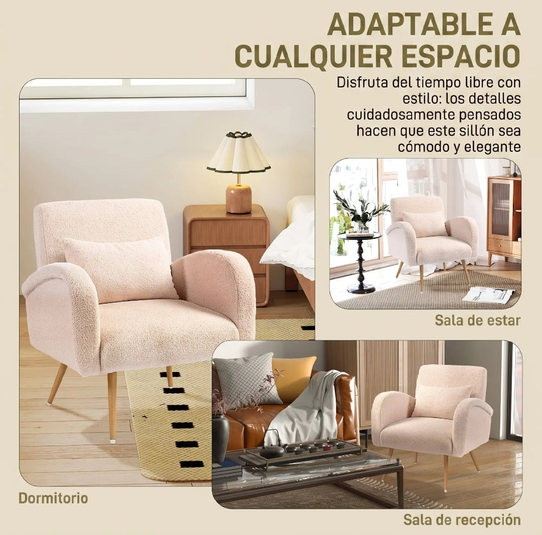 Sillón Beige Teddy con Cojín Lumbar y Patas Efecto Madera | MooM Decó