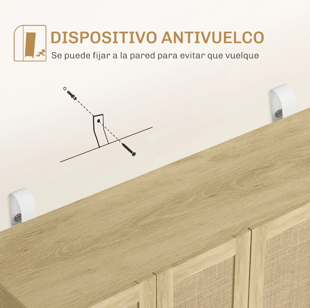 Aparador Cannage de 4 Puertas con Estantes Ajustables Estilo Boho Natural 120 cm