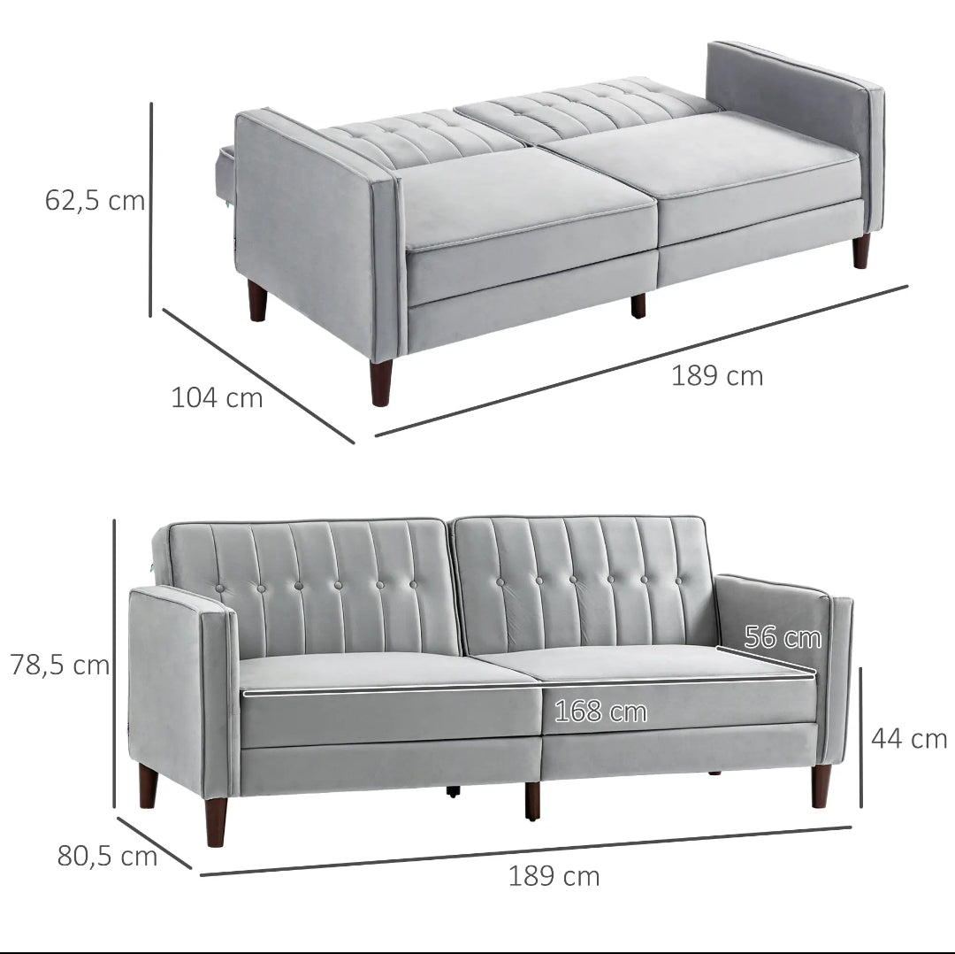 Sofá Cama Convertible 2-3 Plazas con Respaldos Reclinables y Tapizado Aterciopelado Gris Claro