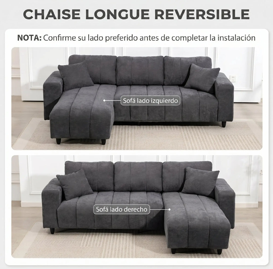 Sofá Chaise Longue Reversible 3 Plazas Beige 242 cm con Muelles Ensacados y 2 Almohadas