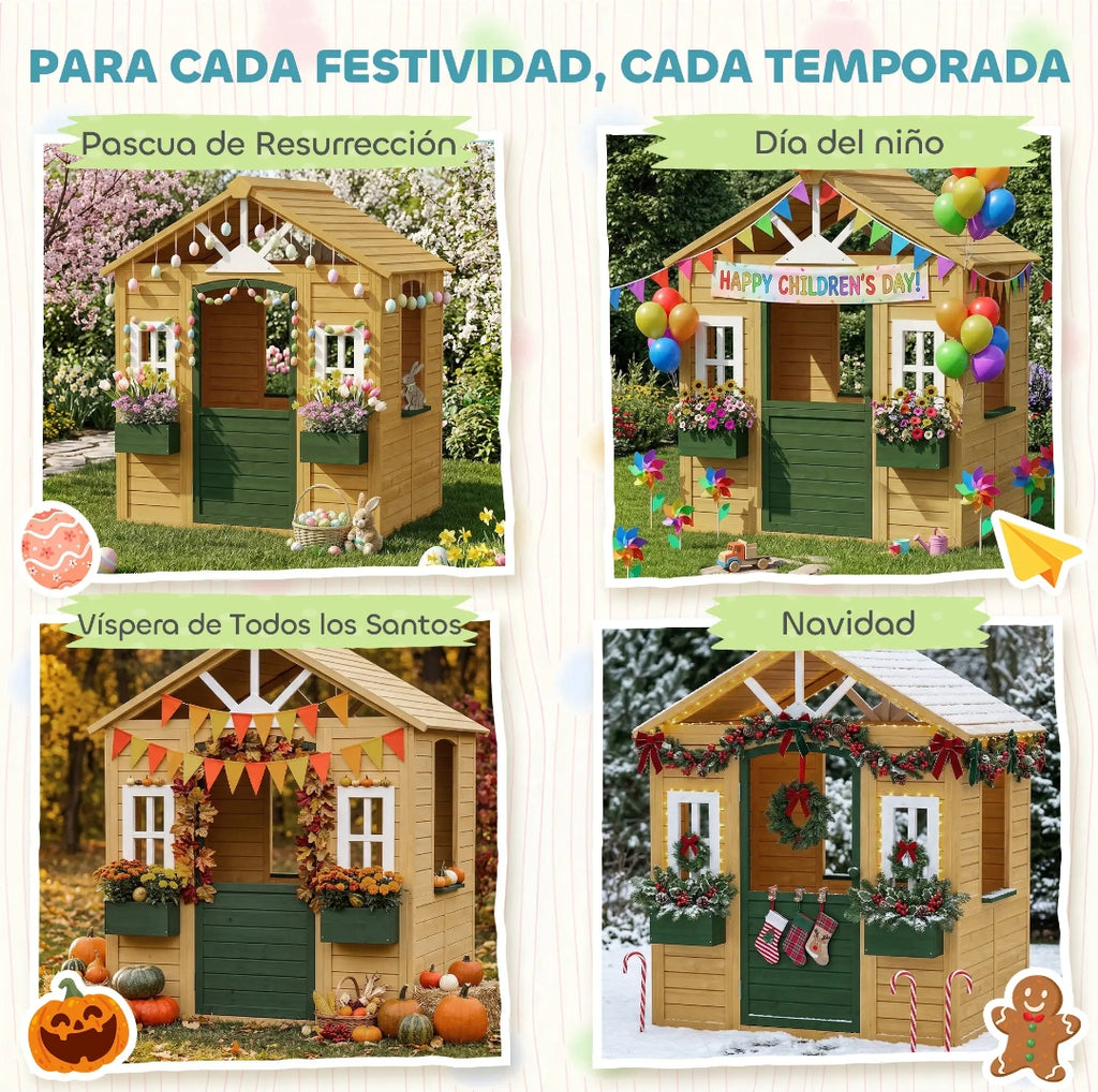 Casita Infantil de Madera para Jardín con Jardineras y Ventanas | 134,5x97x150 cm | MooM Decó