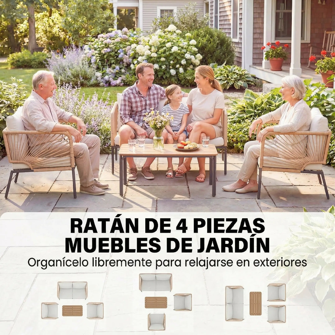 Conjunto de Jardín 4 Piezas con Sofá, 2 Sillones y Mesa Efecto Madera para Exterior