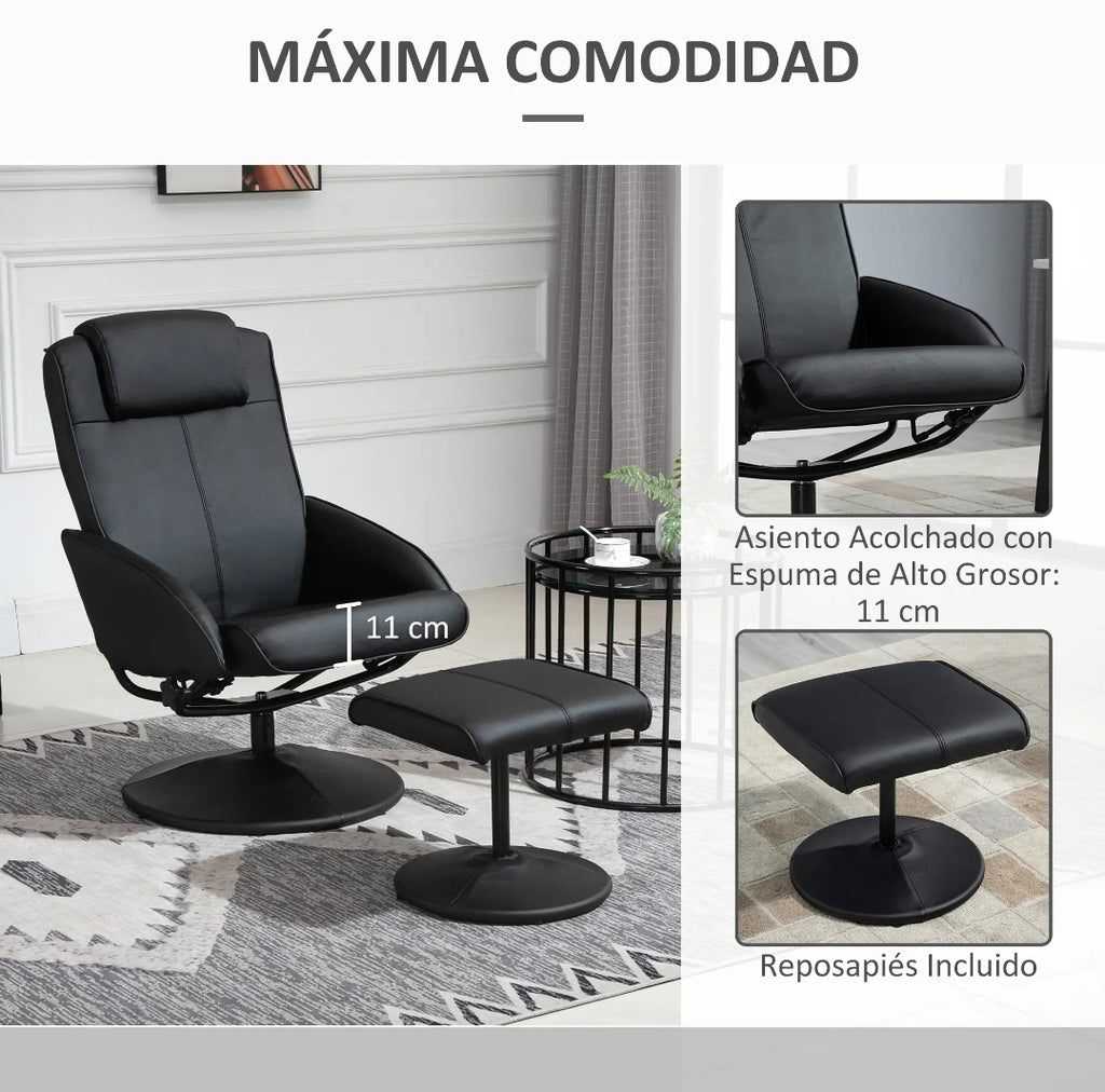 Sillón Relax Reclinable Giratorio 360° con Reposapiés Negro | MooM Decó