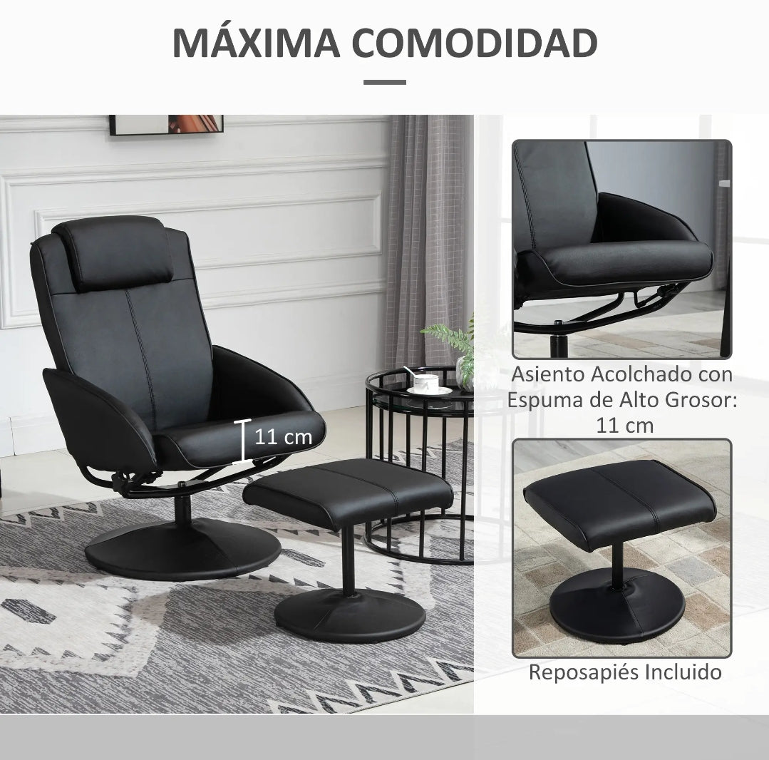 Sillón Relax Reclinable Giratorio 360° con Reposapiés Negro | MooM Decó