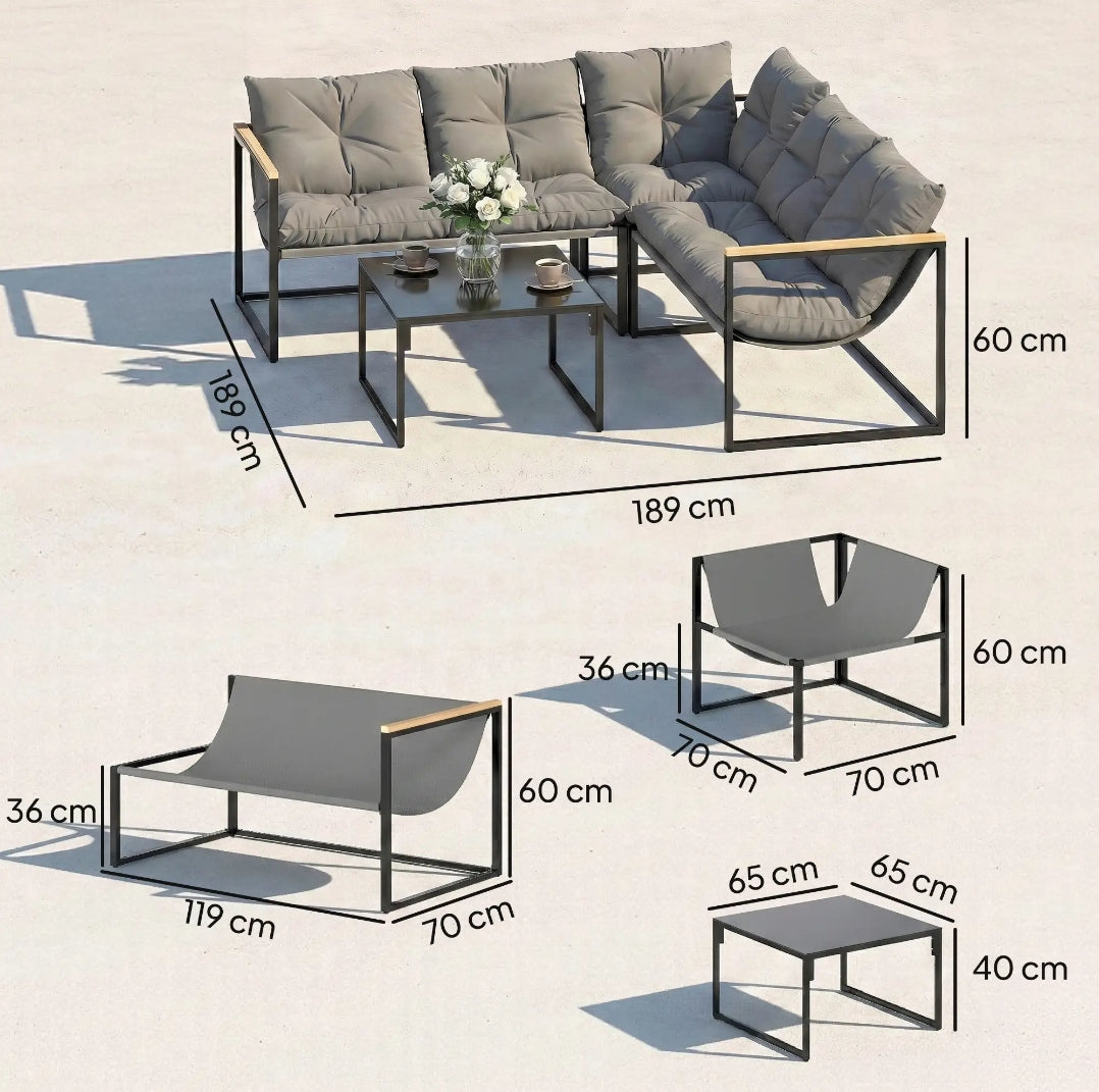 Conjunto de Jardín Esquinero 4 Piezas para 5 Personas con Cojines y Mesa de Cristal Templado