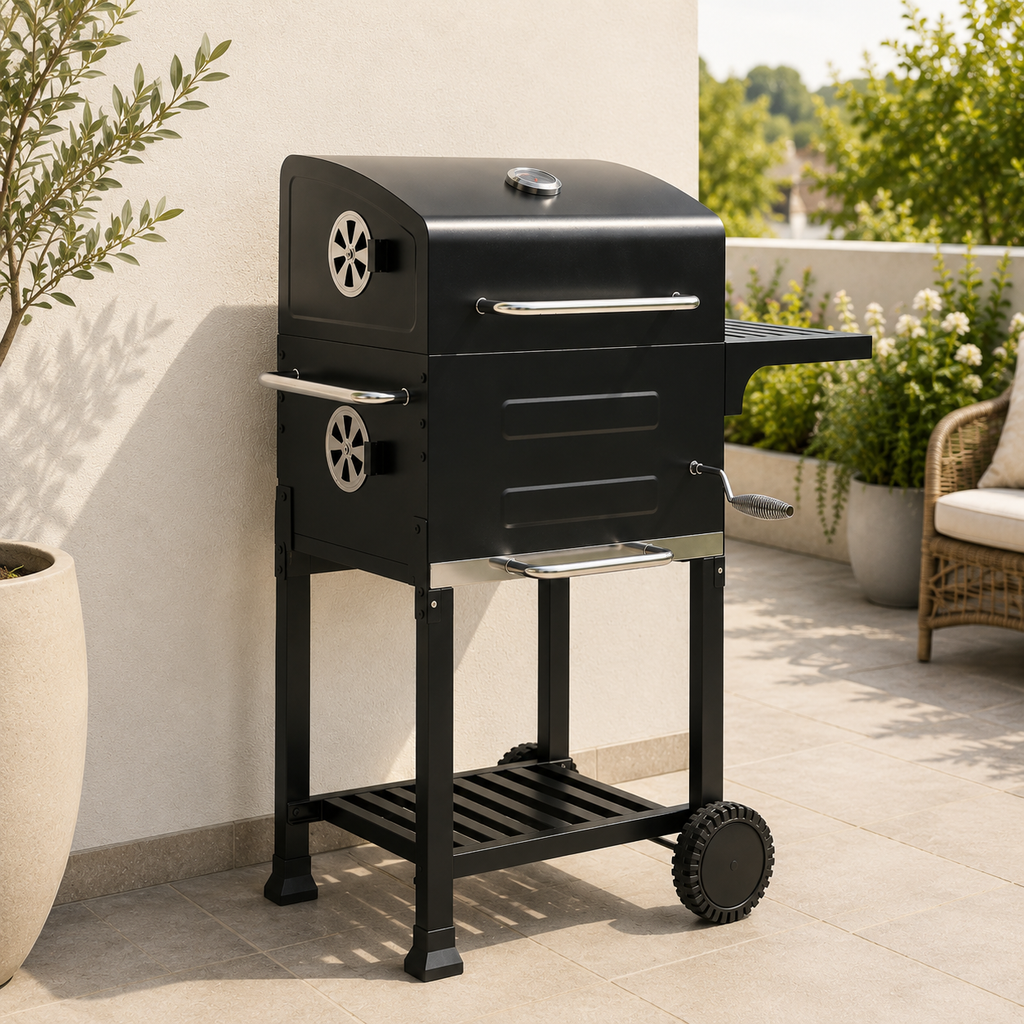 Barbacoa de Carbón con Tapa, Termómetro y Ruedas para Jardín y Terraza