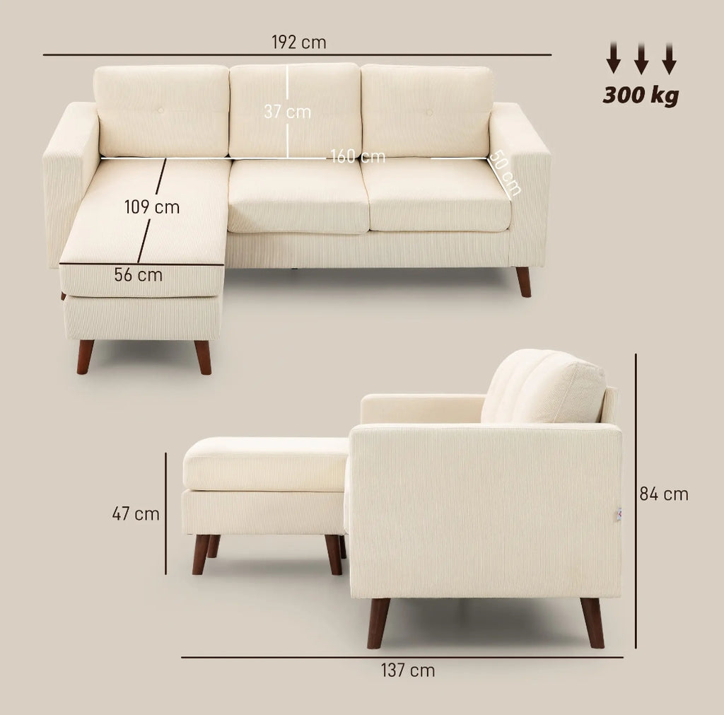 Sofá Chaise Longue Reversible de 3 Plazas en Pana Crema 192 cm | MooM Decó