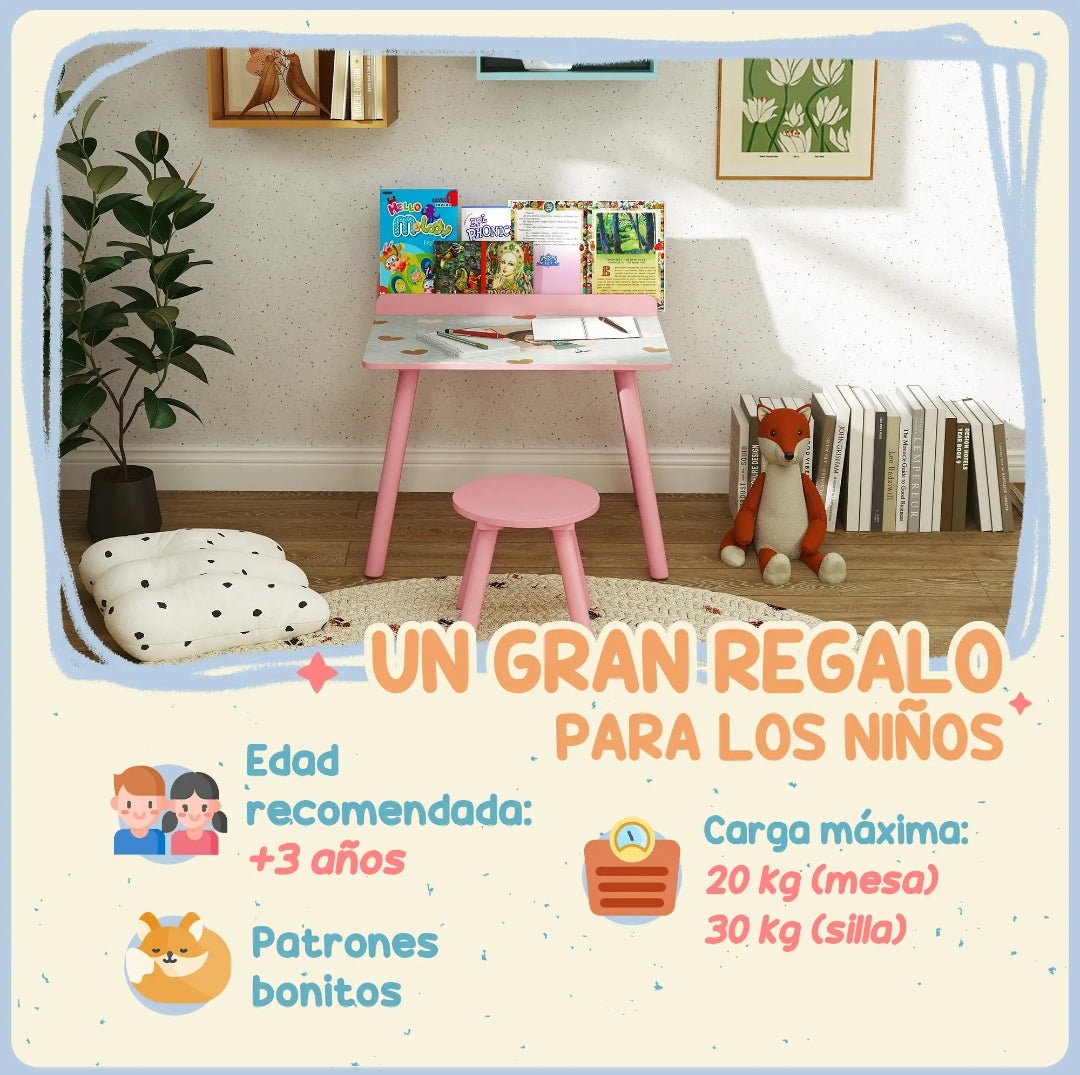 Mesa Infantil con Silla y Estante para Libros Rosa | MooM Decó